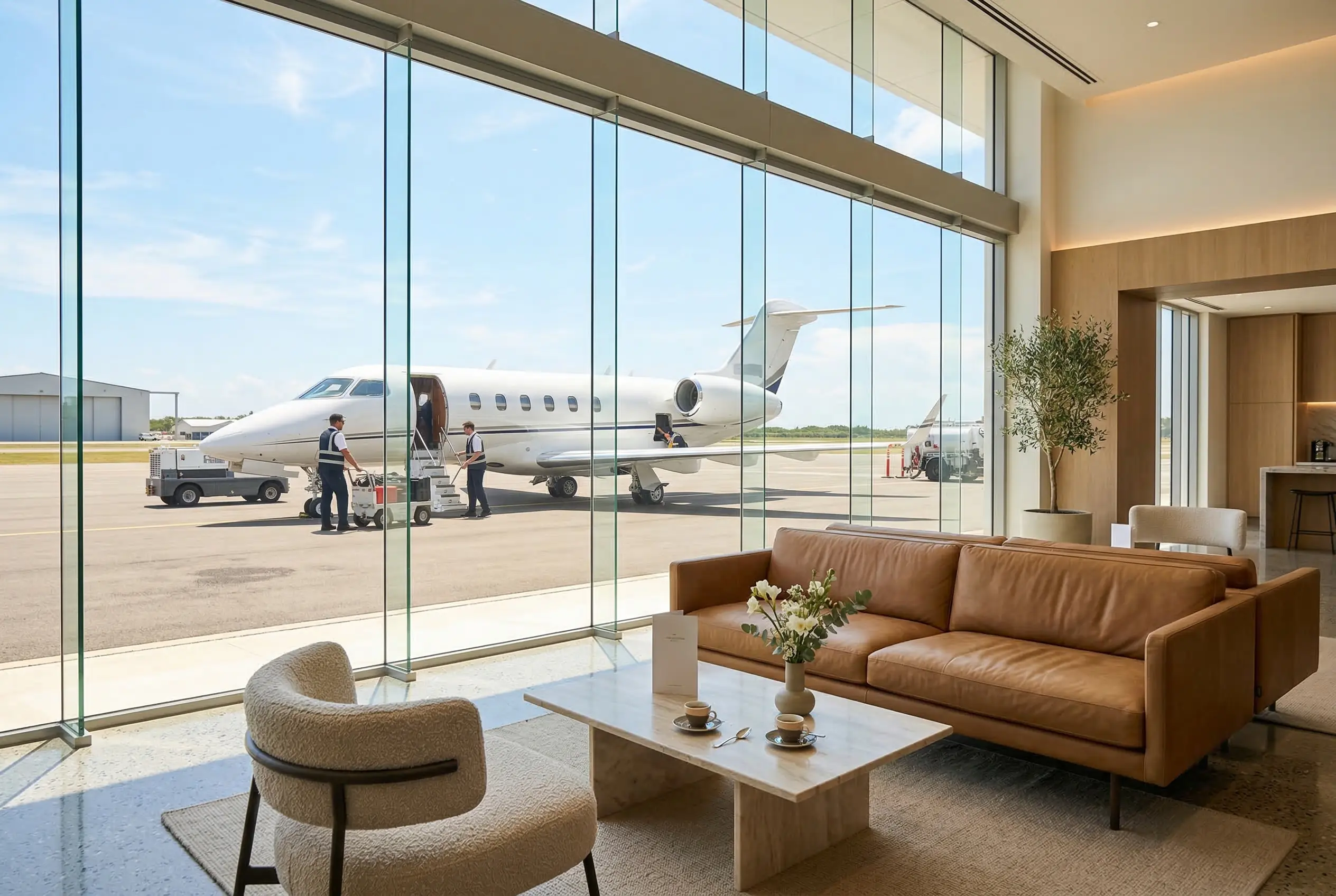 Luxury FBO lounge interior with private jet visible through glass windows