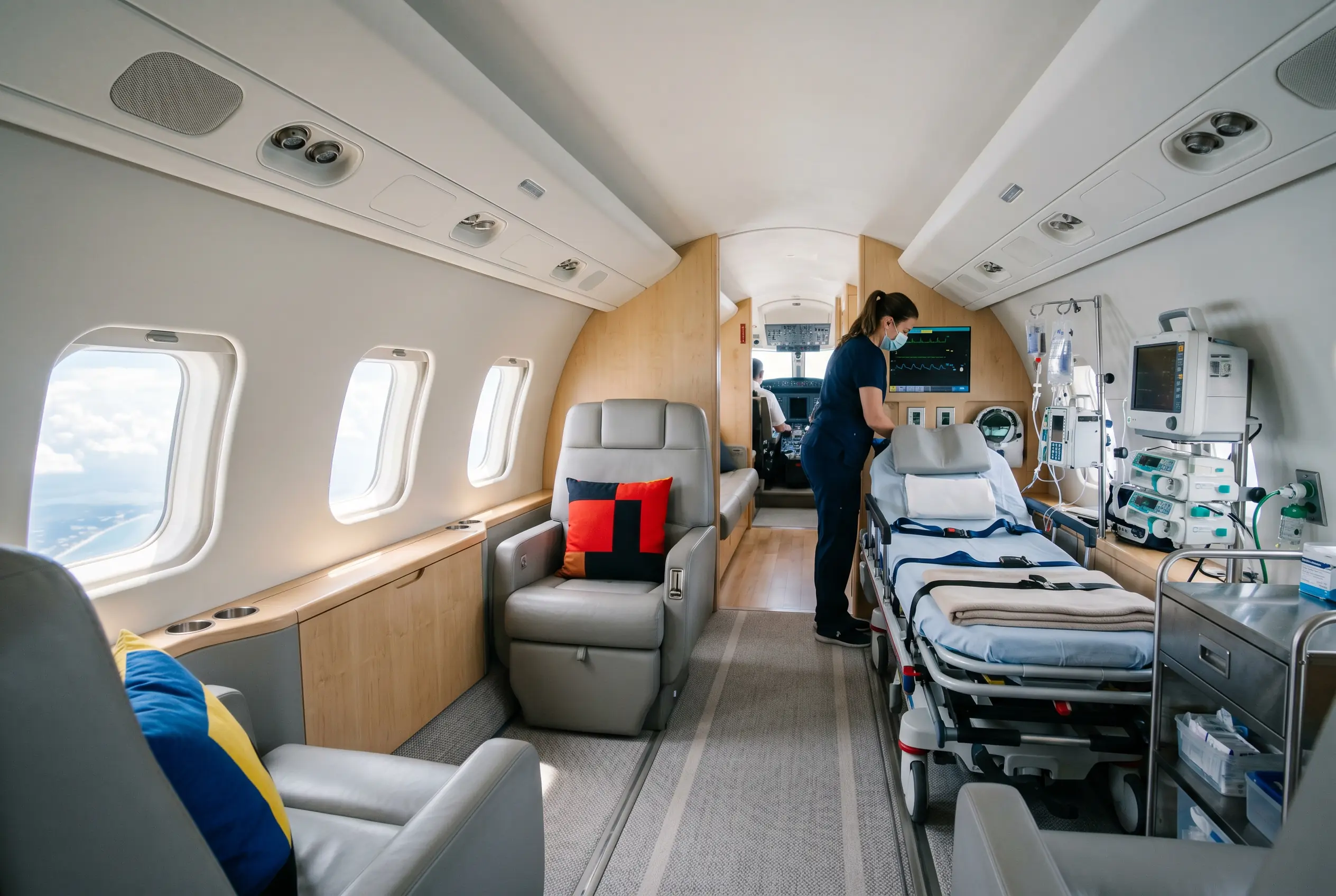 Medically configured jet cabin with a stretcher for a Miami to New York transfer