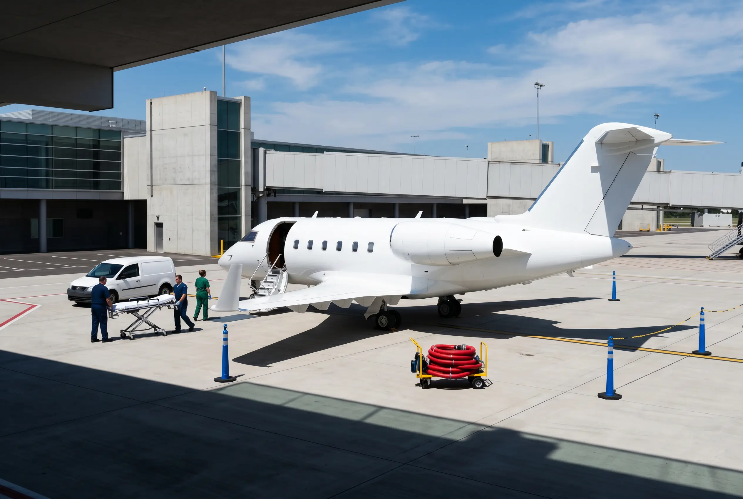 Air Ambulance Charter Flights Patient transfer to a medical aircraft on a ramp for a flight to New York
