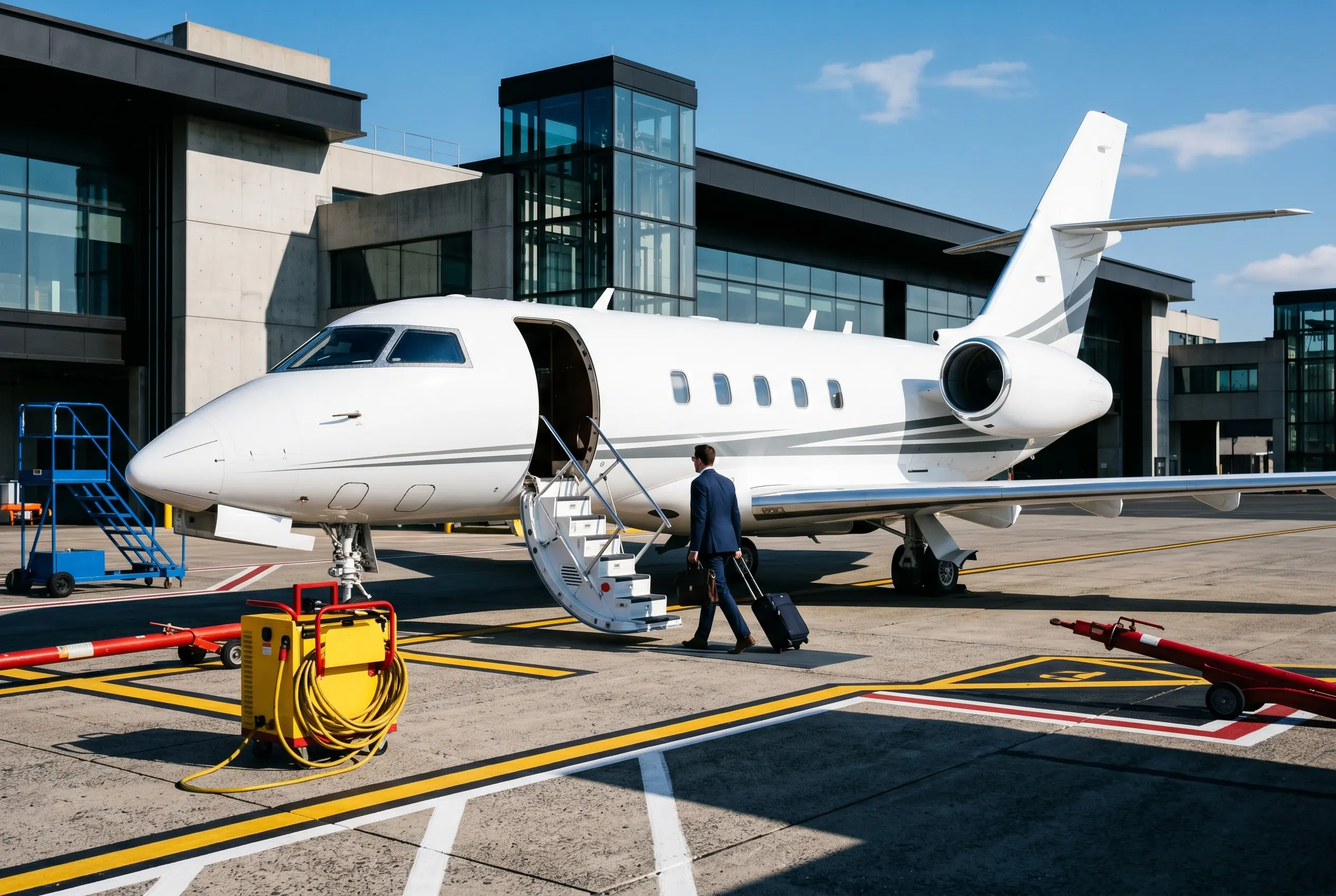 Business Jet Charter Business traveler boarding a private jet at a Miami FBO for New York