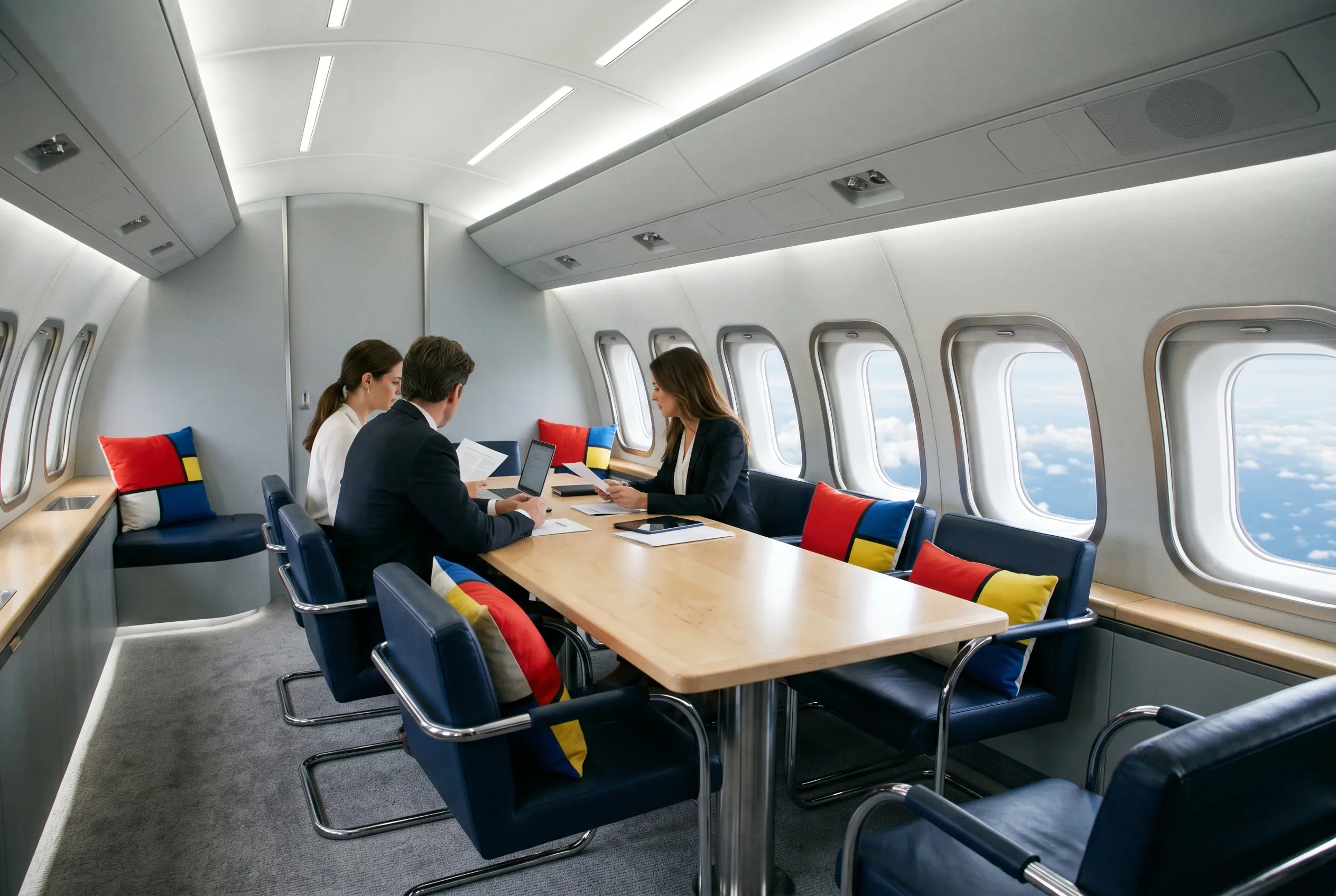 Executives working at a cabin worktable en route from Miami to New York