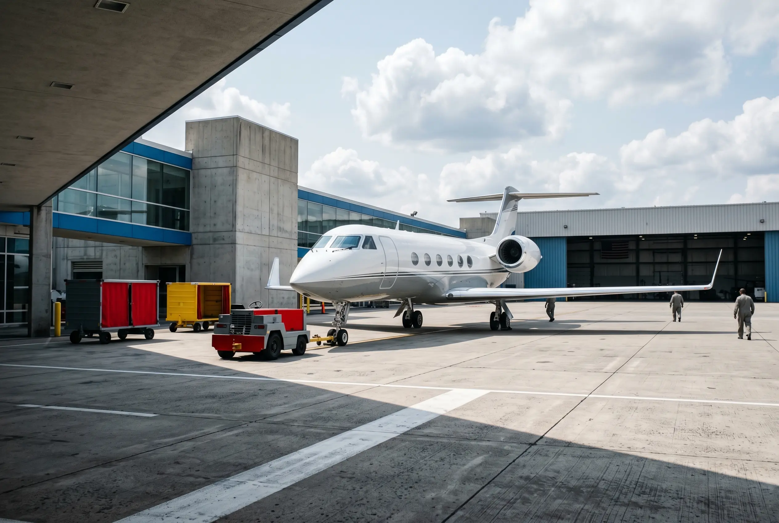 Private FBO terminal at Opa-locka with a business jet on the ramp for New York