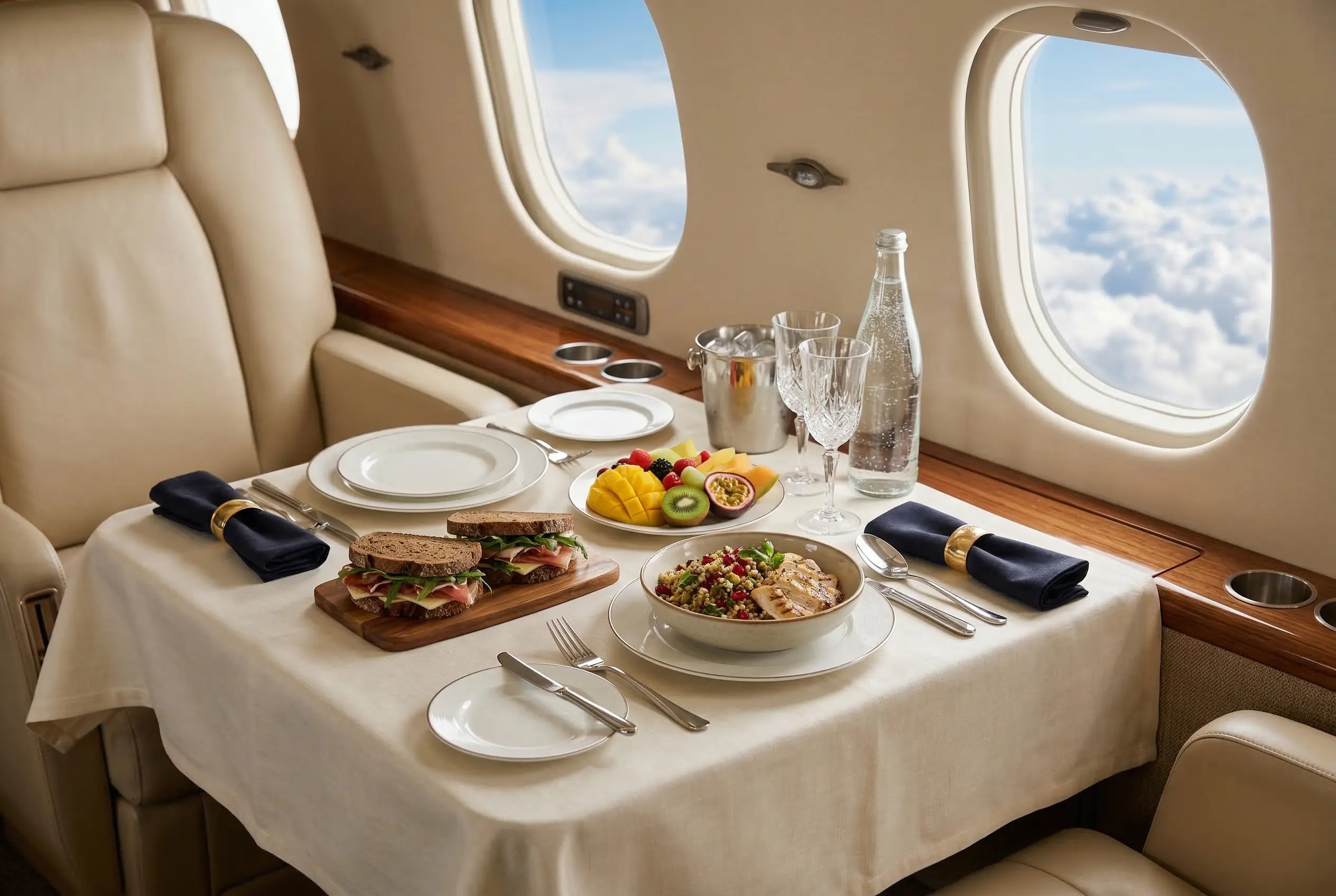Gourmet in-flight catering spread on a private jet table