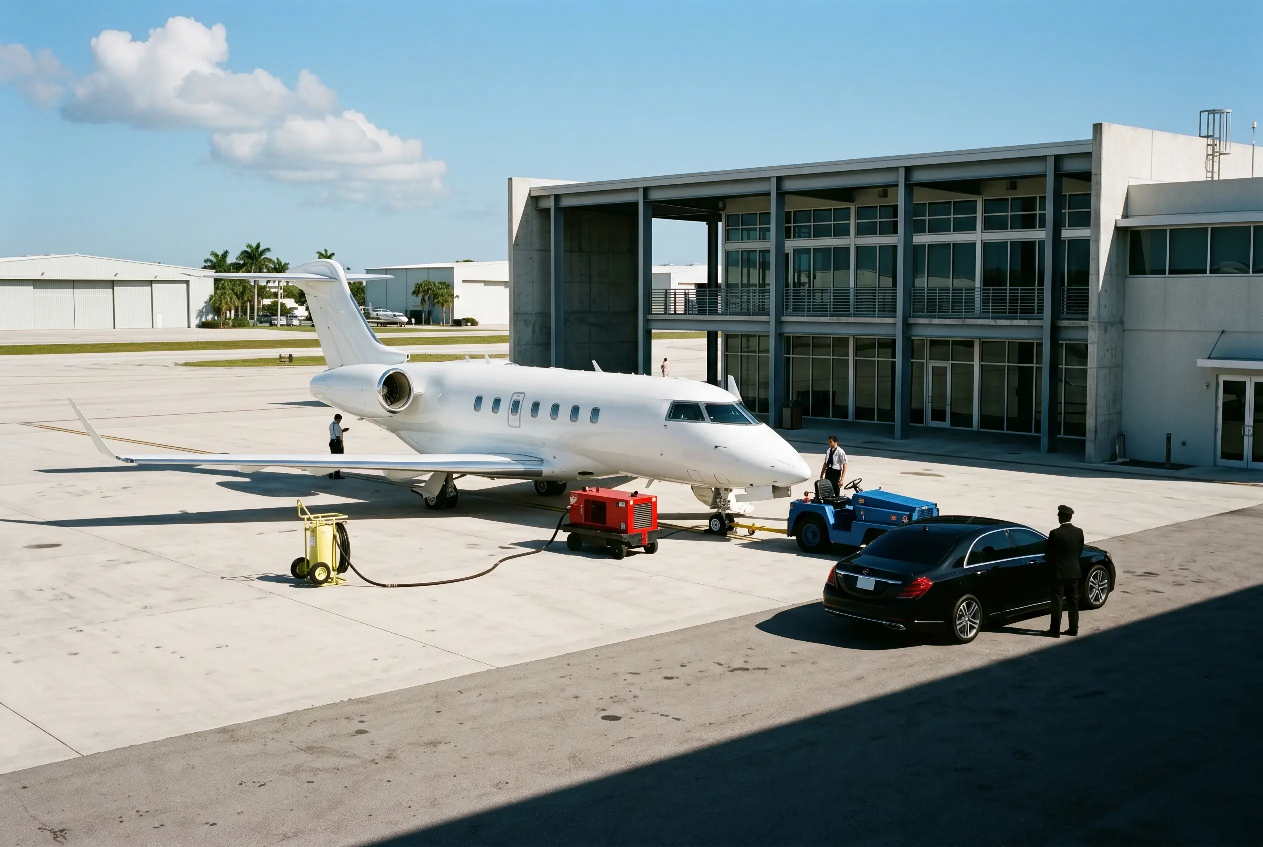 Chauffeured car waiting planeside at a New York FBO for a charter arrival