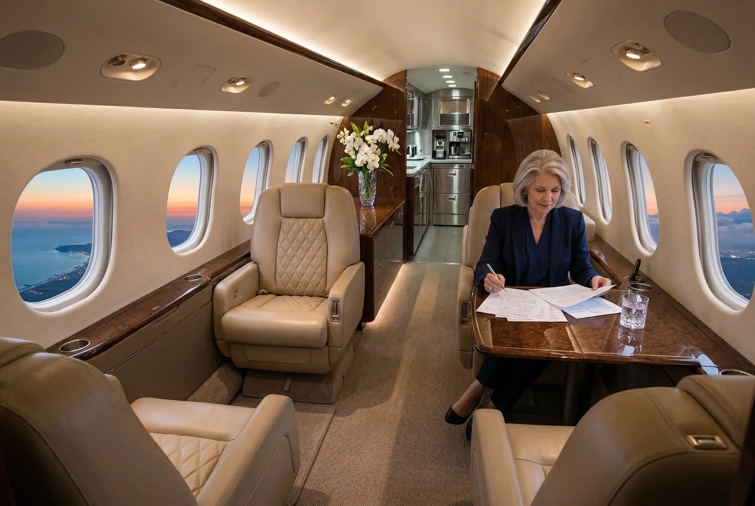 Executive private jet cabin with galley and leather seating during sunset flight