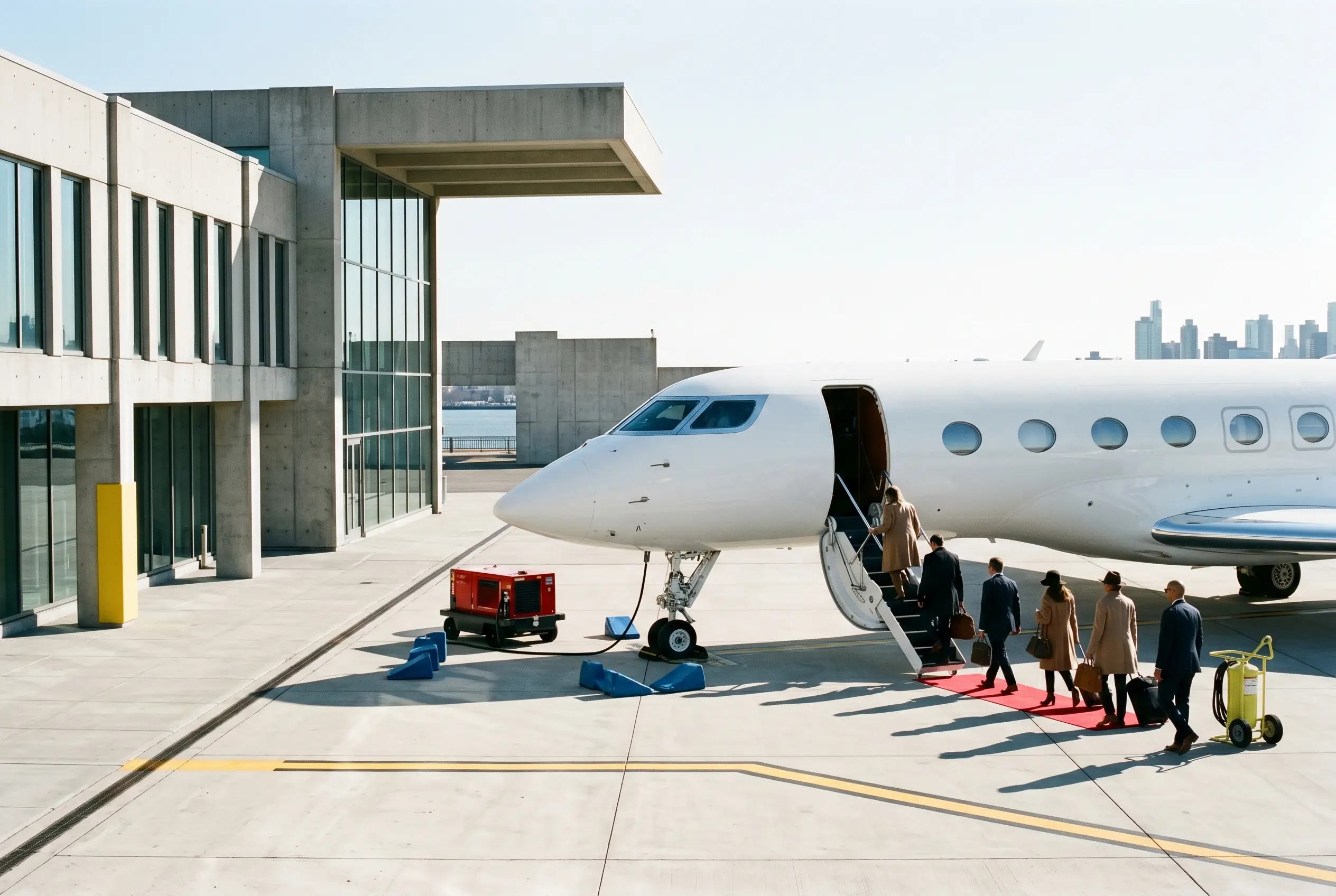 A group boarding a large private jet at a Miami FBO for New York