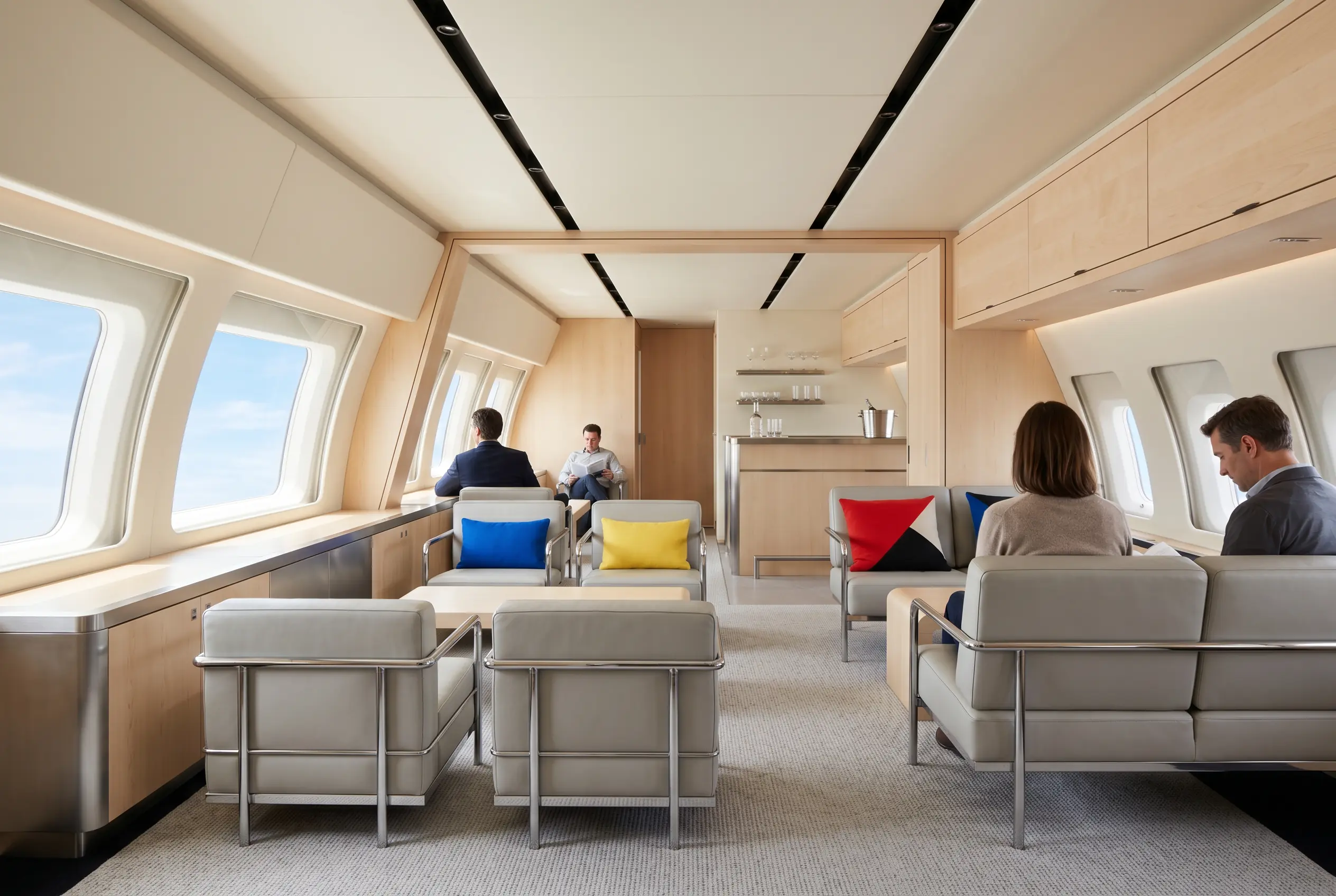 Large jet cabin set for a group traveling together from Miami to New York
