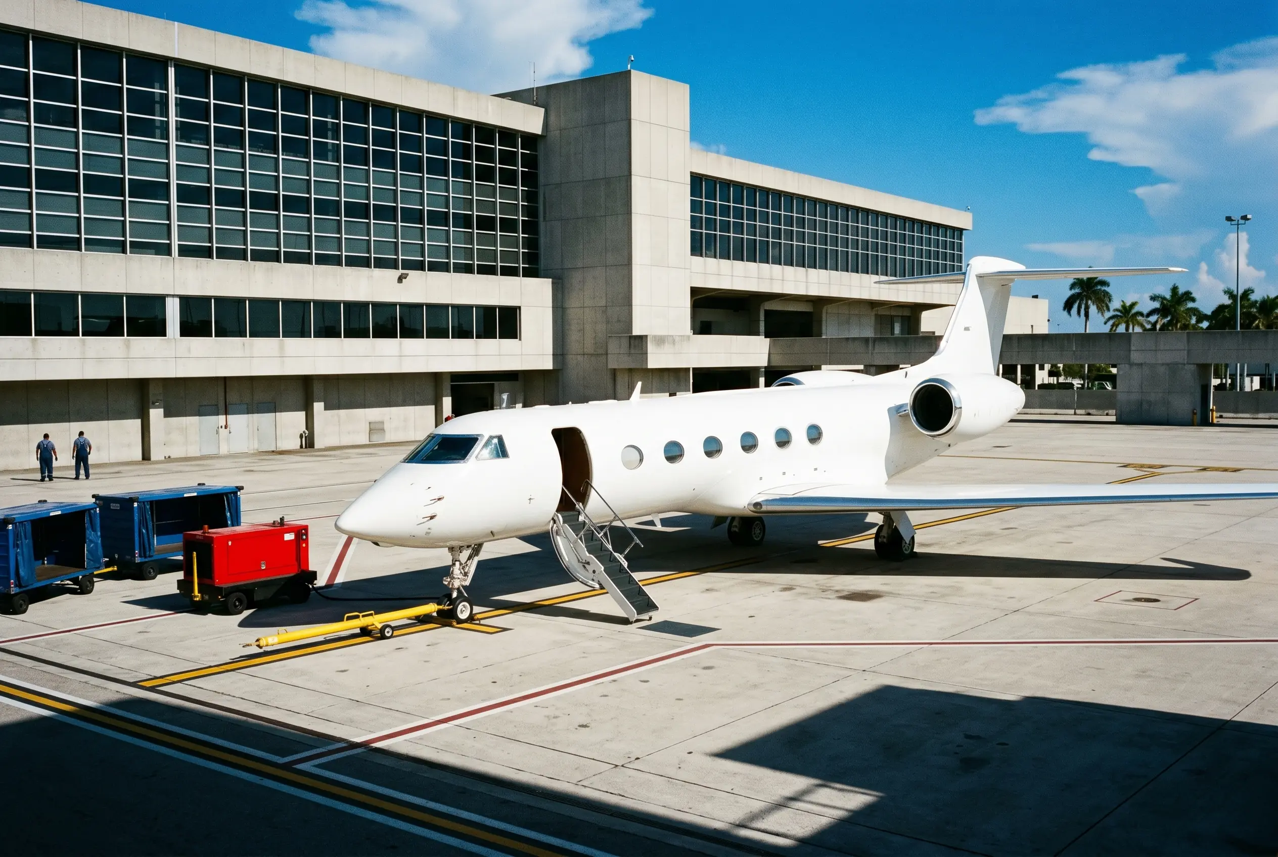 Group Charter Flights Large-cabin jet on a South Florida ramp ready for a group charter to New York