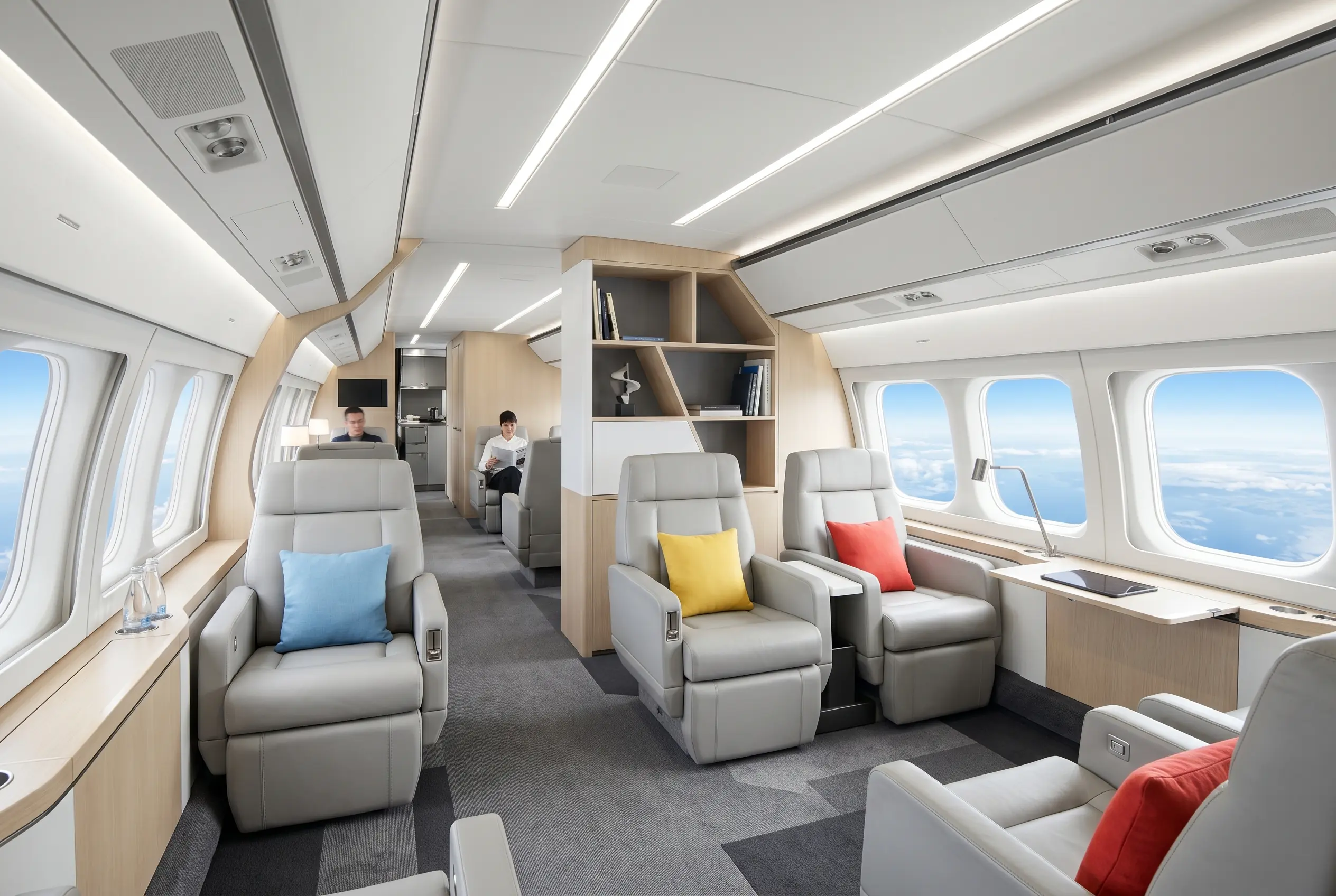 Large heavy jet cabin with separate seating zones for a Miami to New York charter
