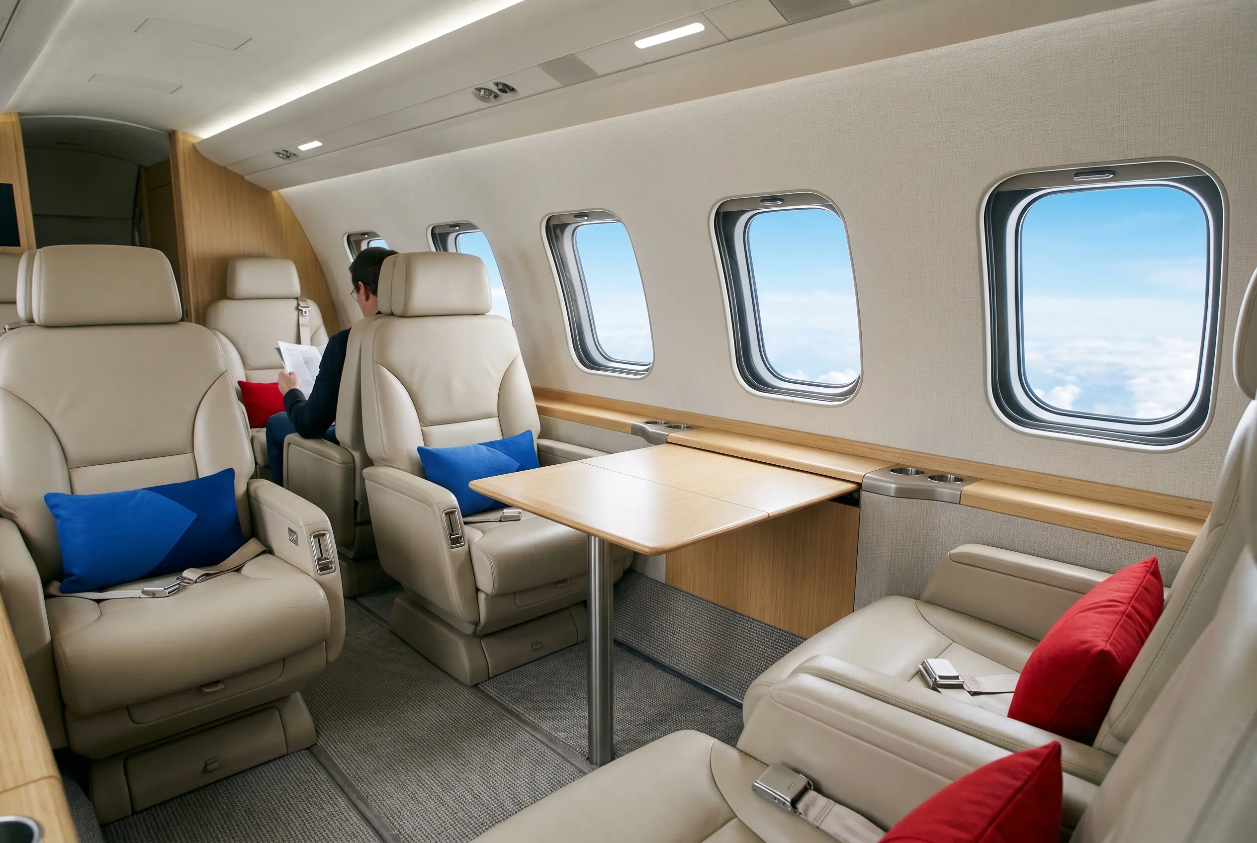 Light jet cabin in club-four seating for a Miami to New York flight
