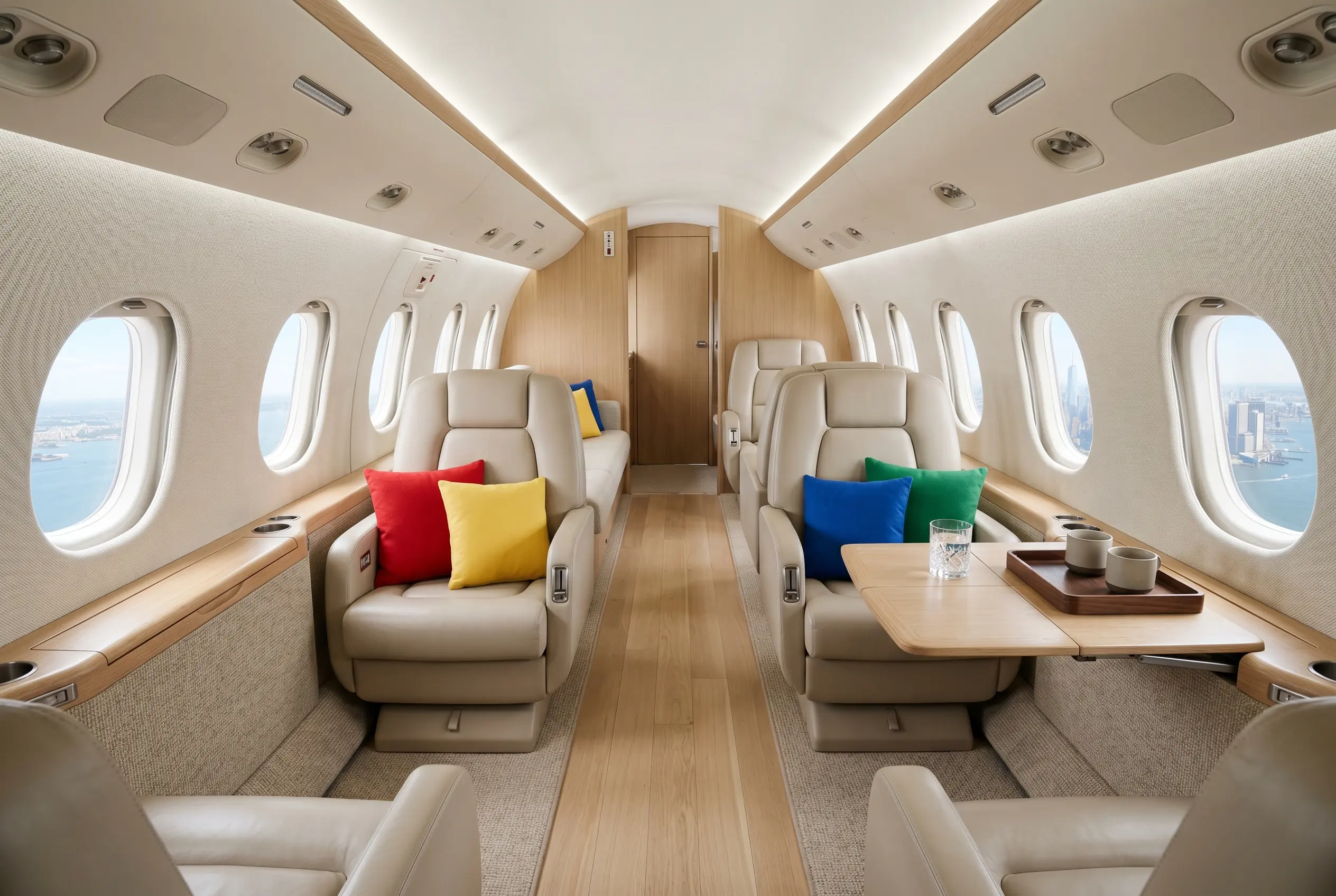 Stand-up midsize jet cabin set for a Miami to New York charter