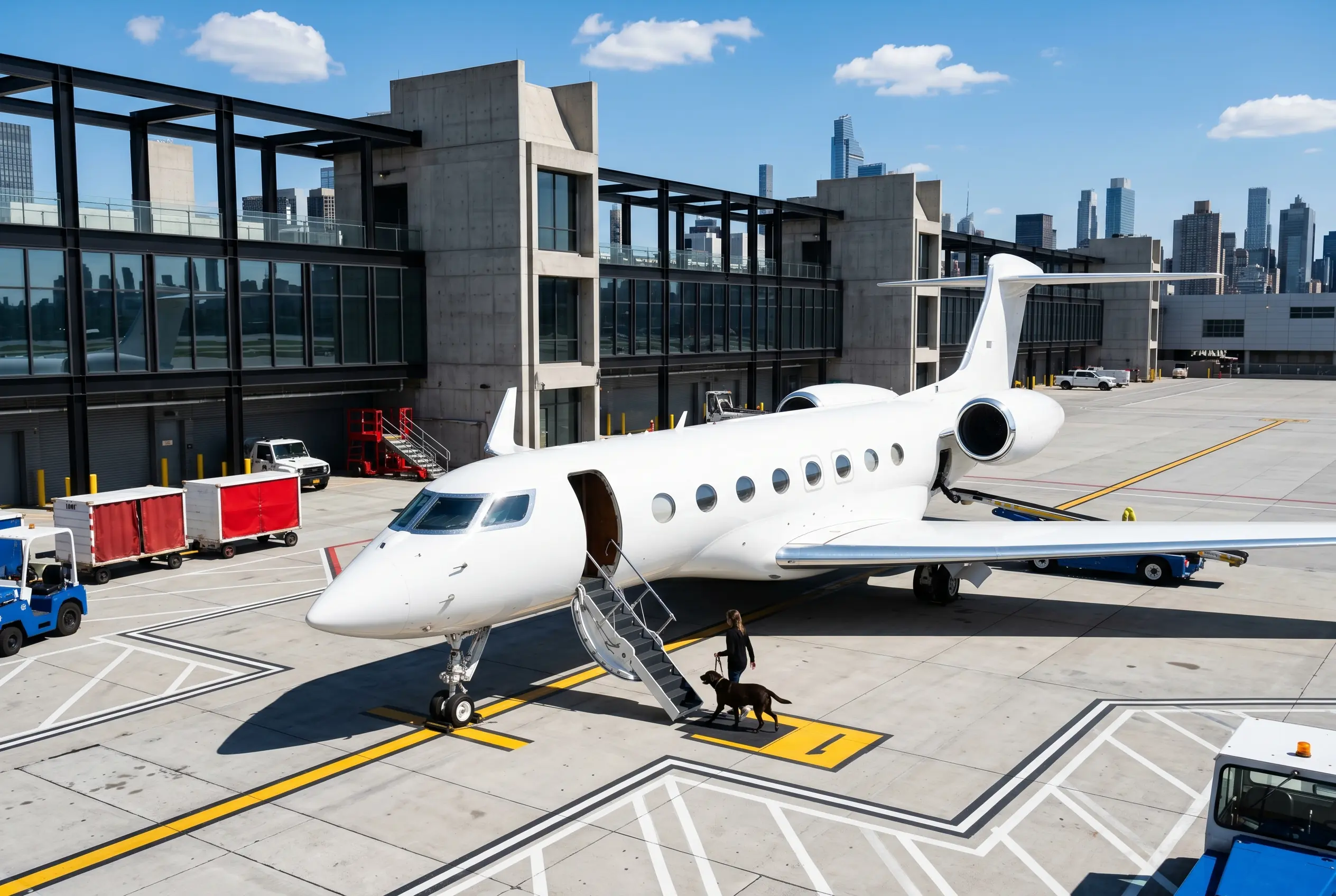 Pets Charter Flights A traveler boarding a private jet with a dog on a lead at a Miami FBO