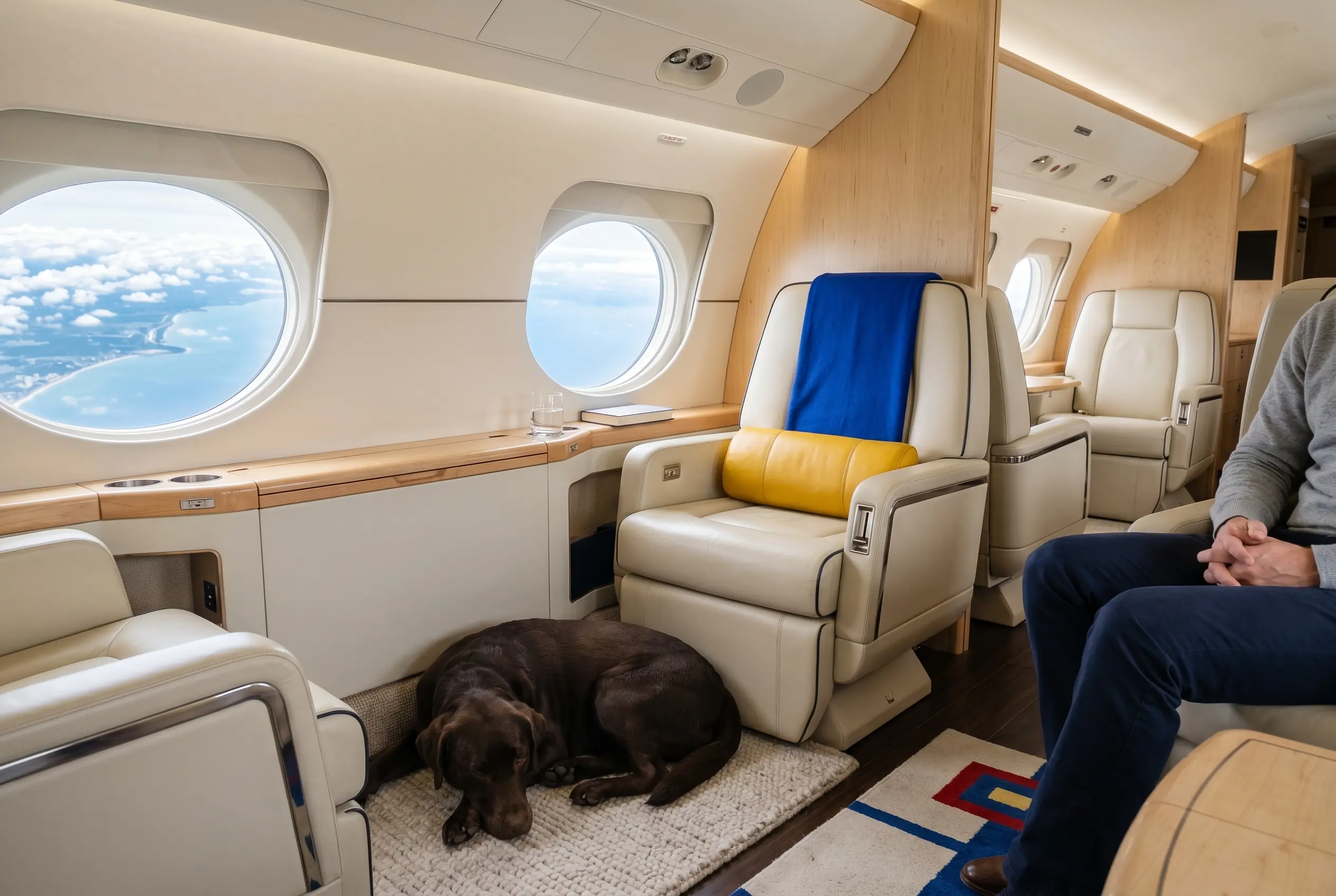 Private jet cabin with a dog resting beside a seat on a Miami to New York flight