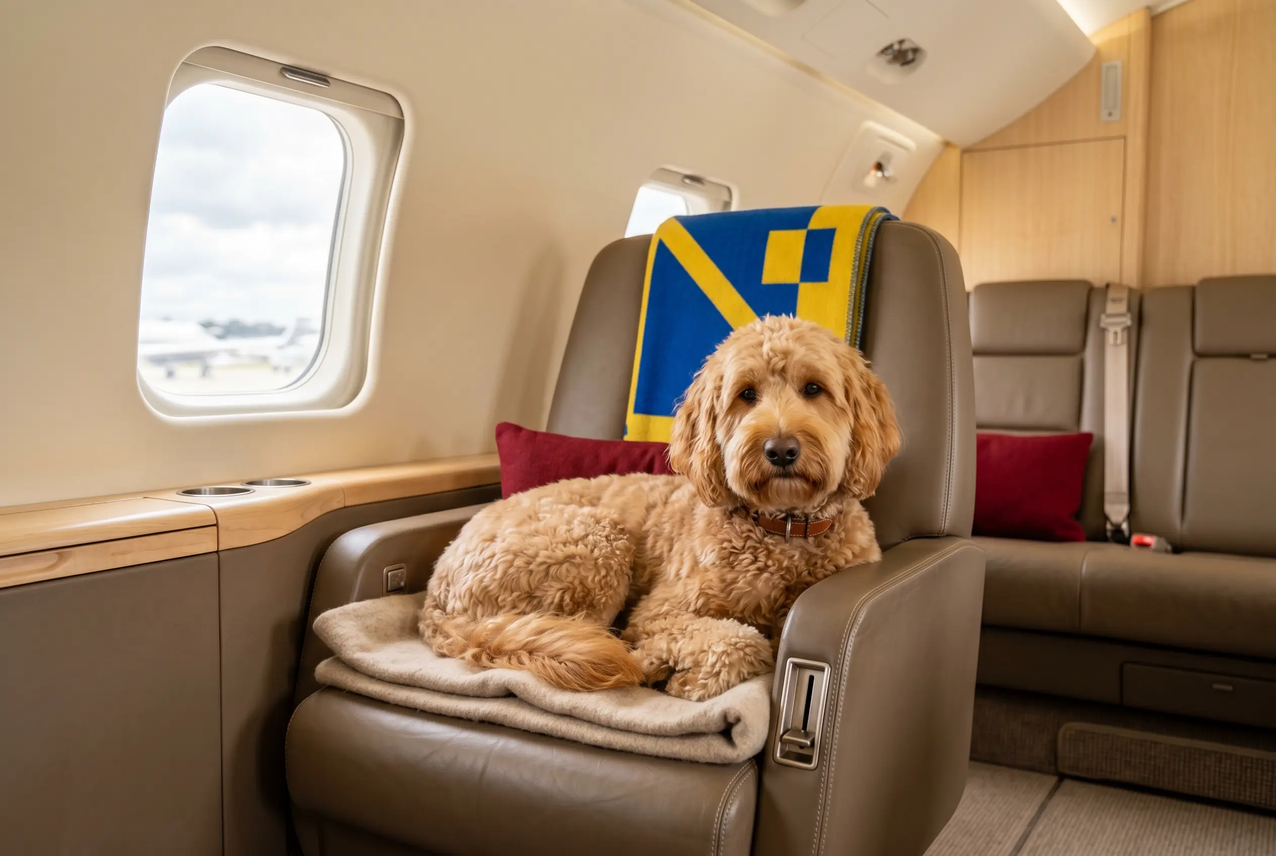 A calm dog settled on the cabin floor of a private jet bound for New York