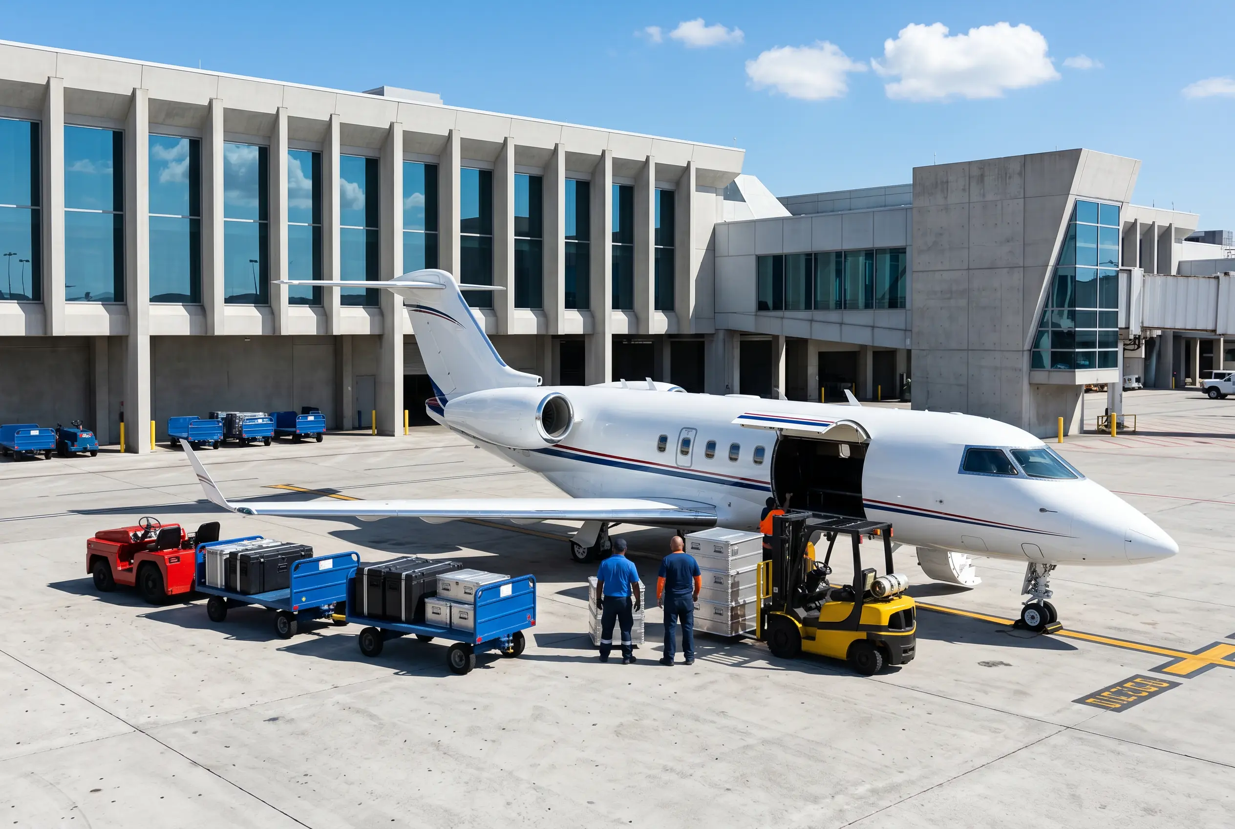 Team equipment loaded into the hold of a private jet bound for New York