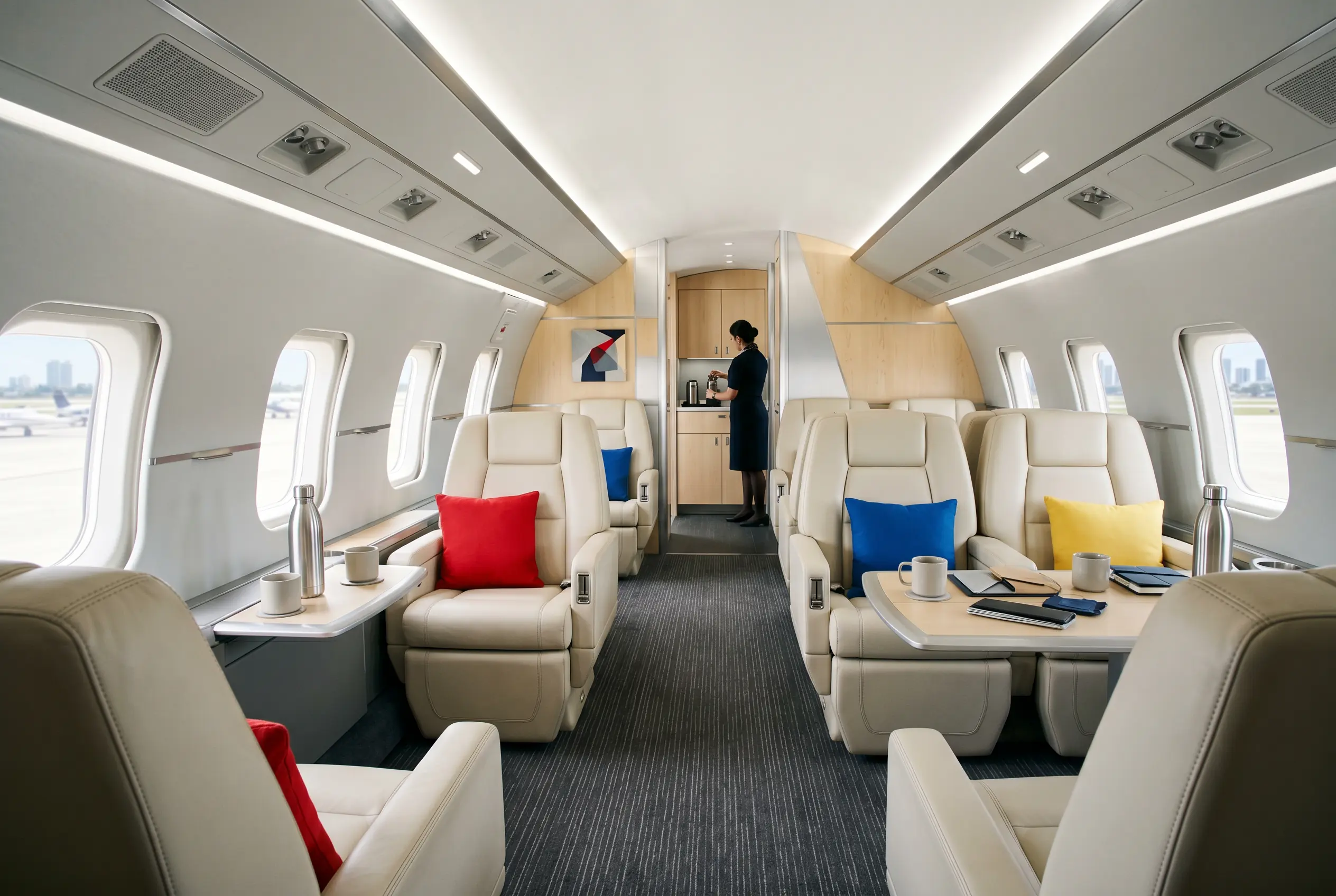 Wide super-midsize jet cabin configured for a Miami to New York charter