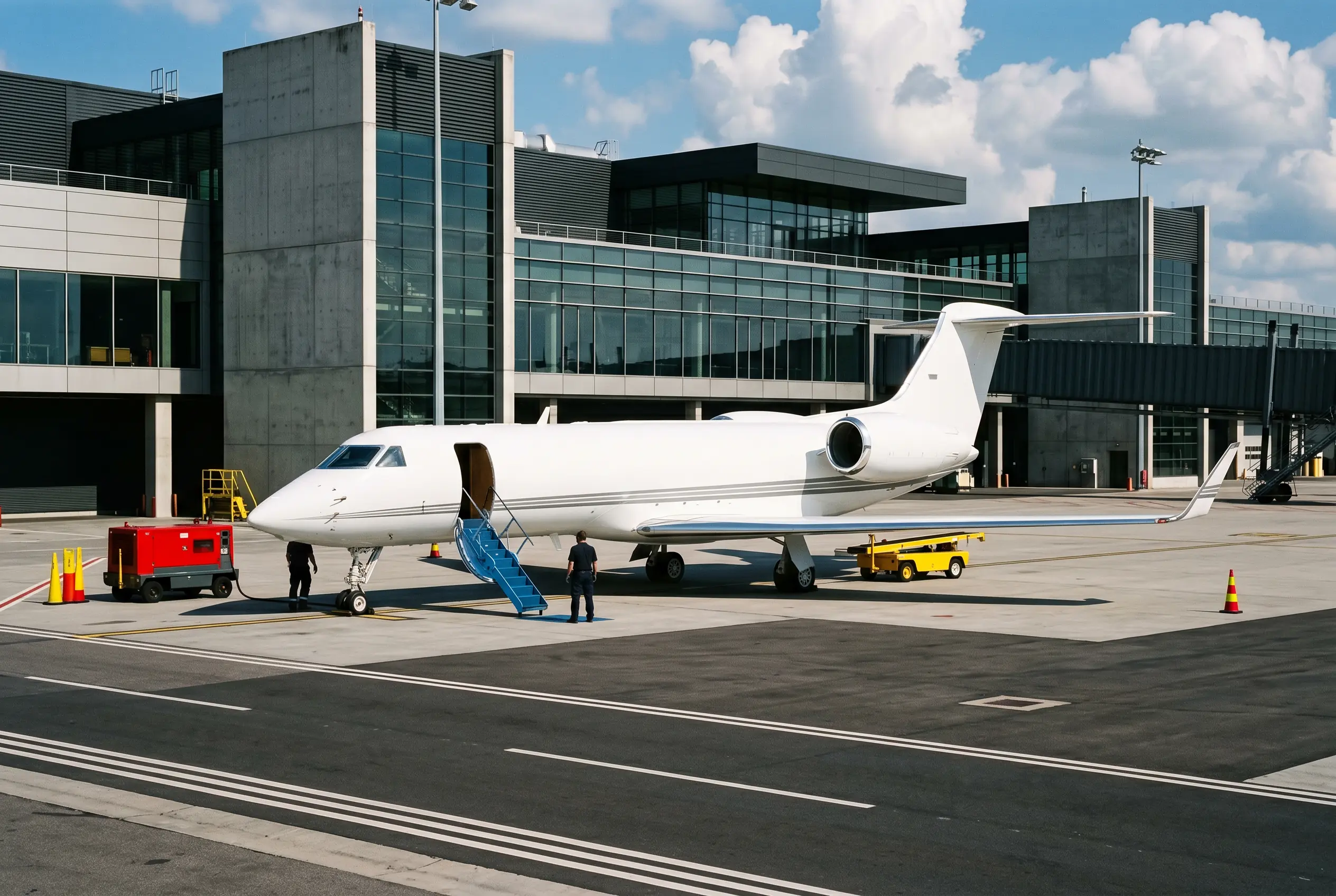 Super-midsize jet on a ramp before a Miami to New York flight