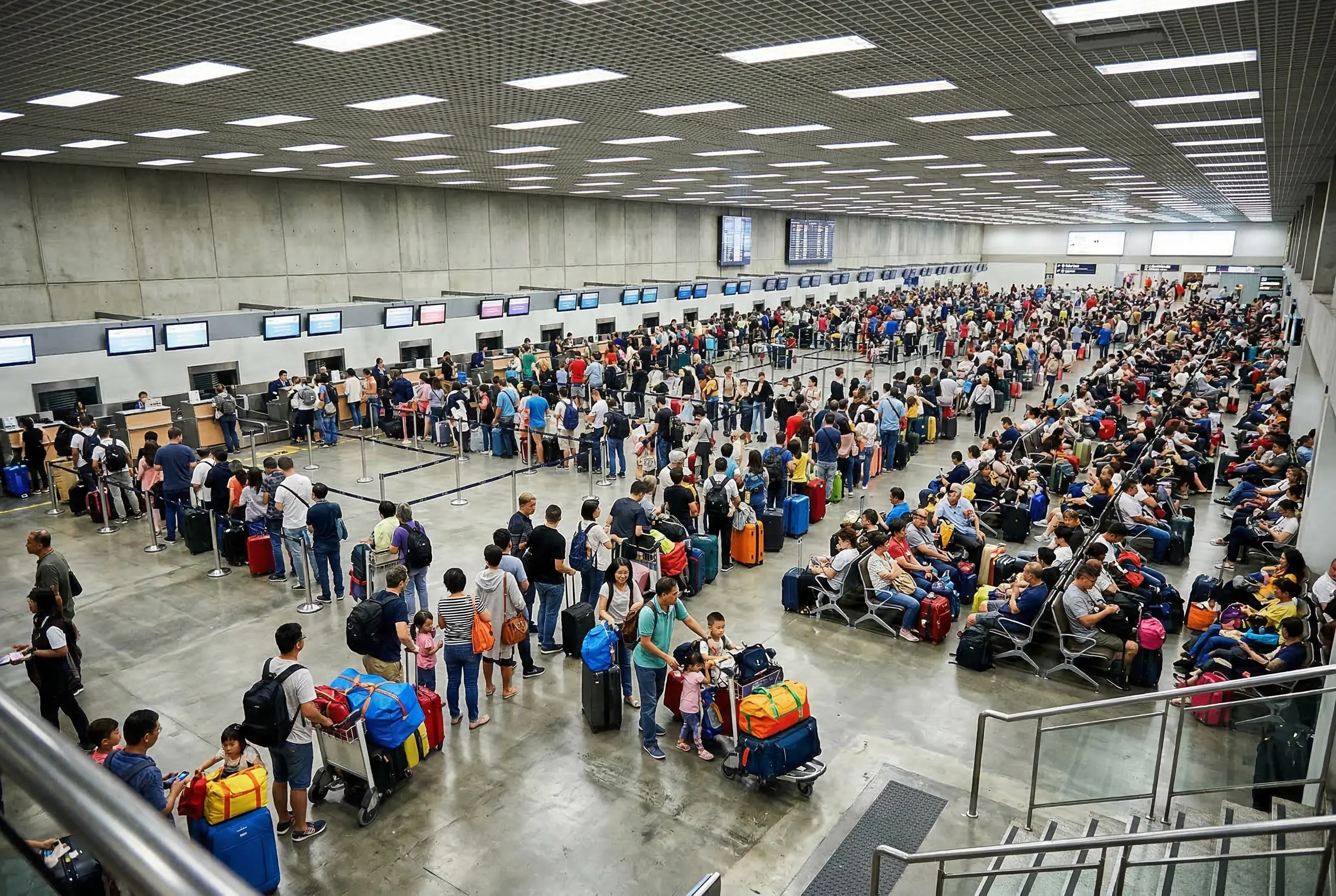Busy commercial airport departures hall with crowded check-in queues
