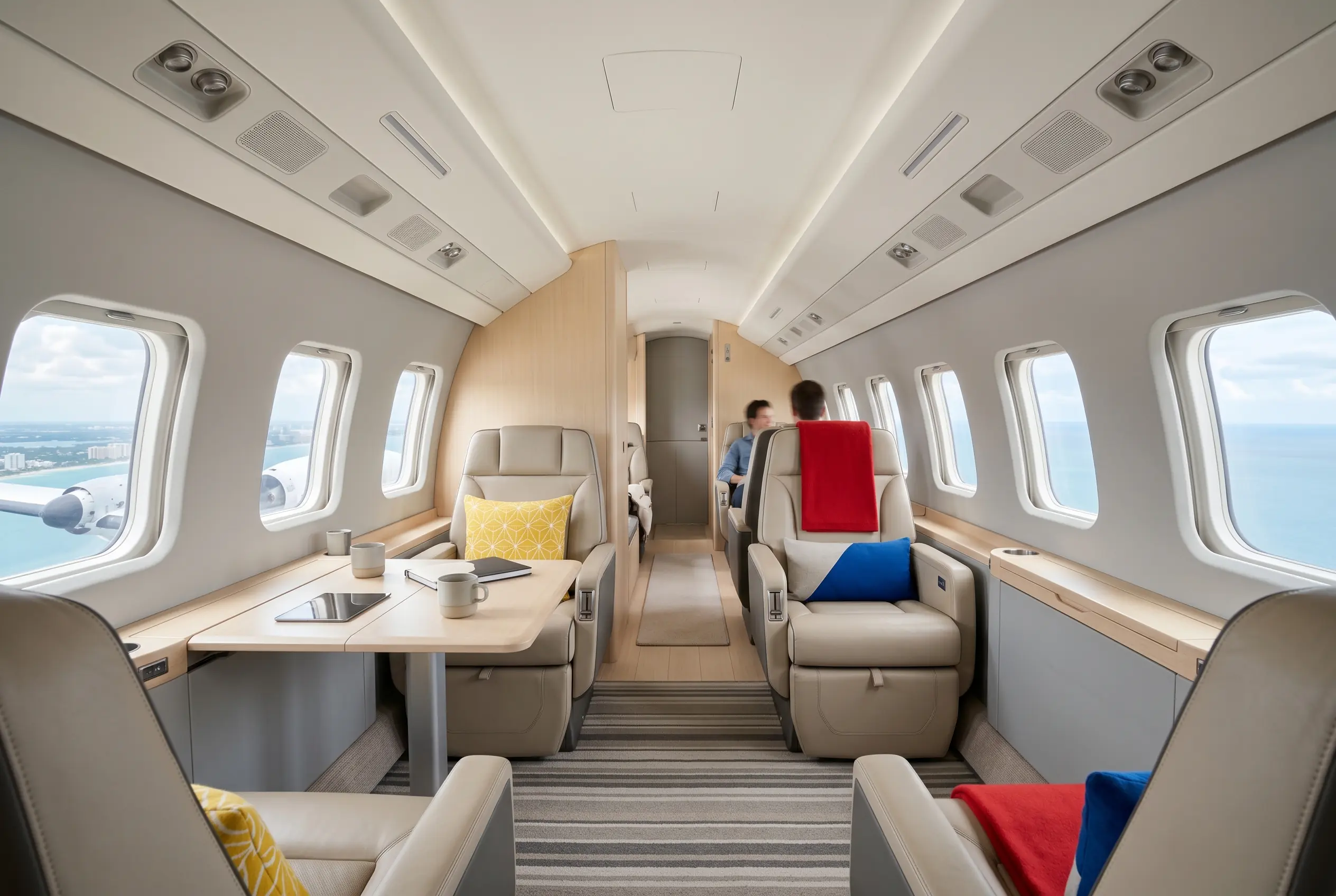Pressurized turboprop cabin in club seating for a Miami to New York flight