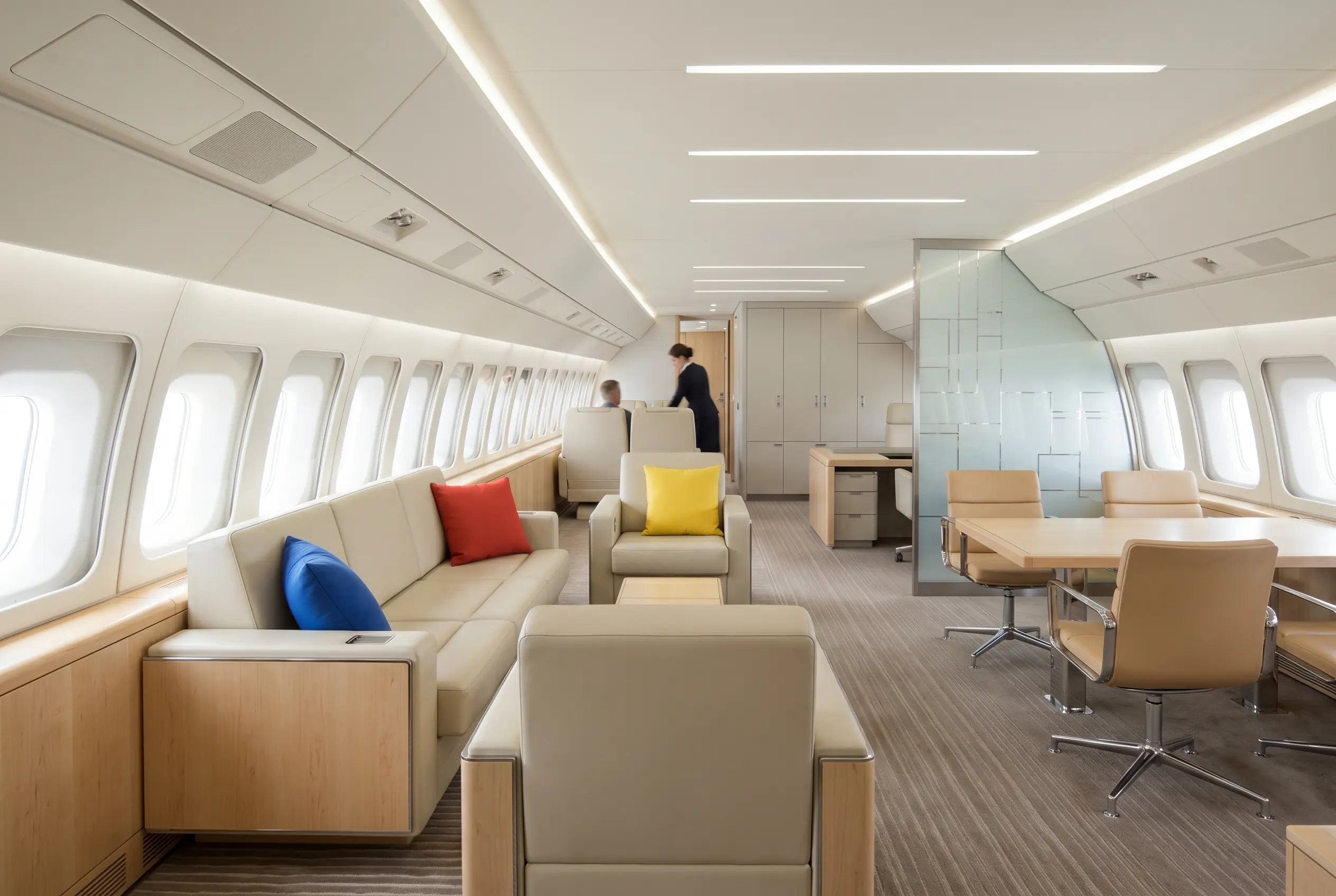 Ultra-long-range jet cabin with multiple living zones for a Miami to New York charter