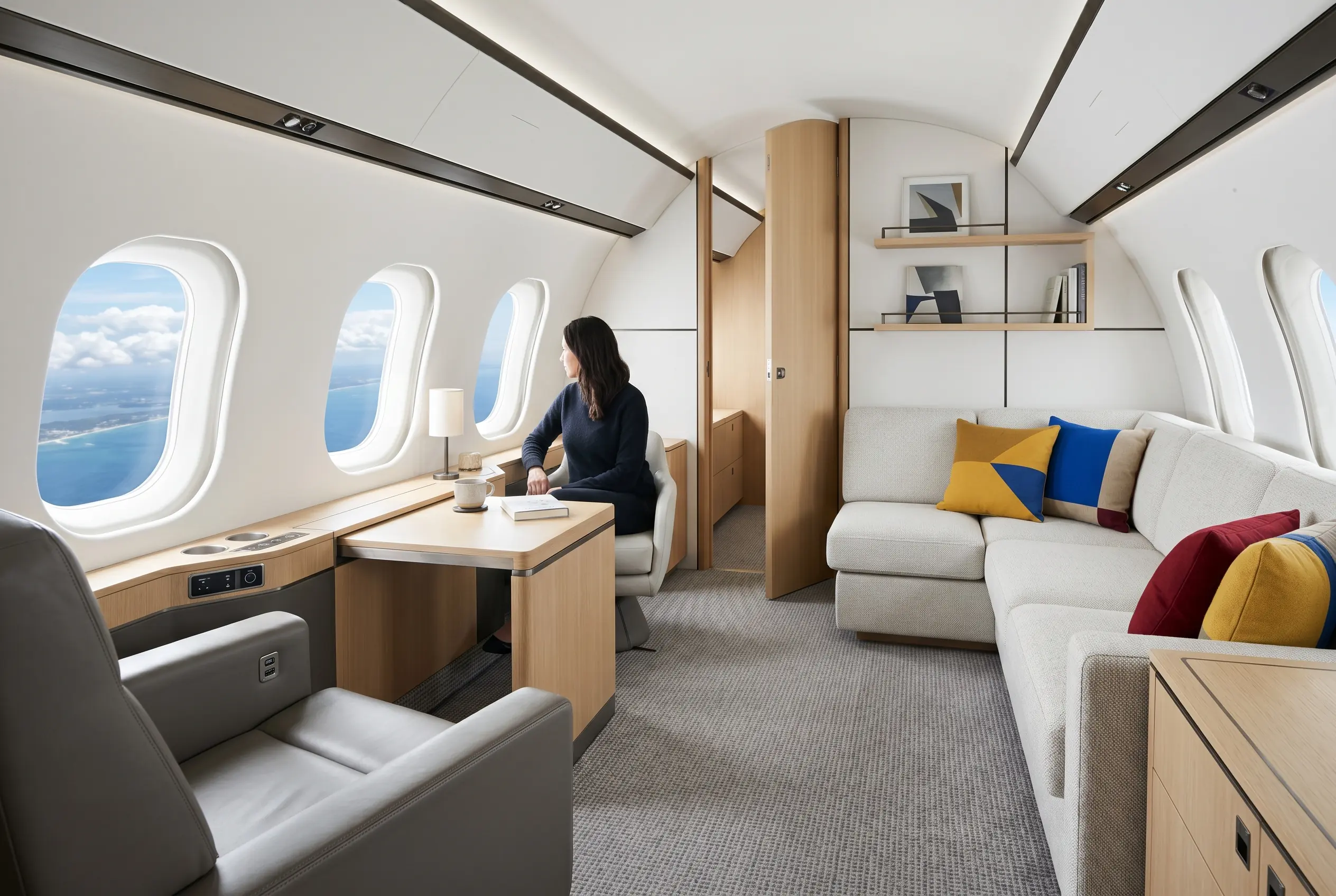Ultra-Long-Range Jets Private aft stateroom in an ultra-long-range jet on a Miami to New York flight