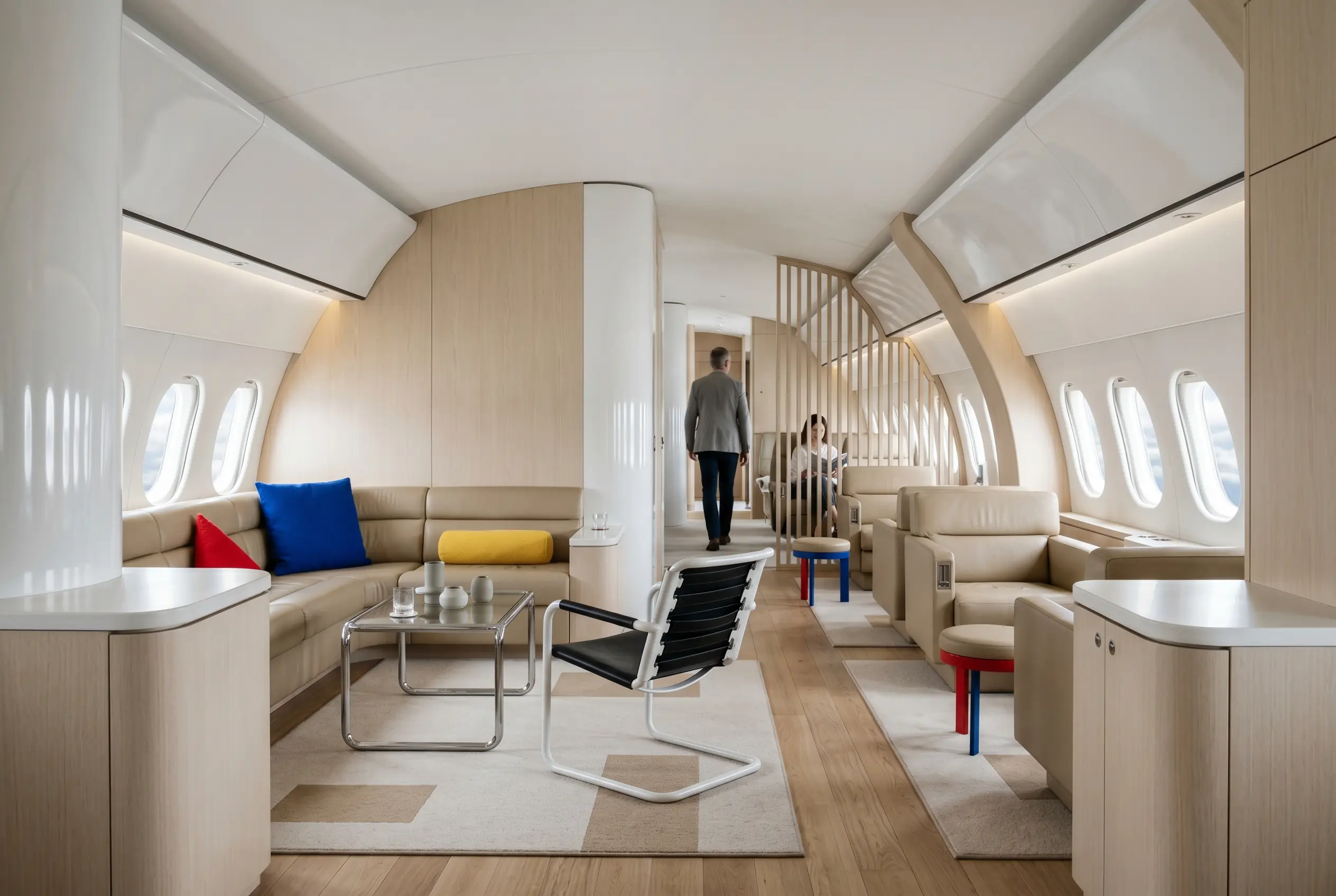 Bespoke VIP airliner interior with lounge zones for a Miami to New York charter